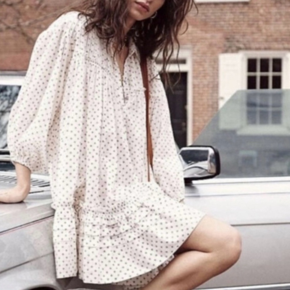 Zara cream polka dot babydoll mini dress balloon sleeves new w/out tags size XL